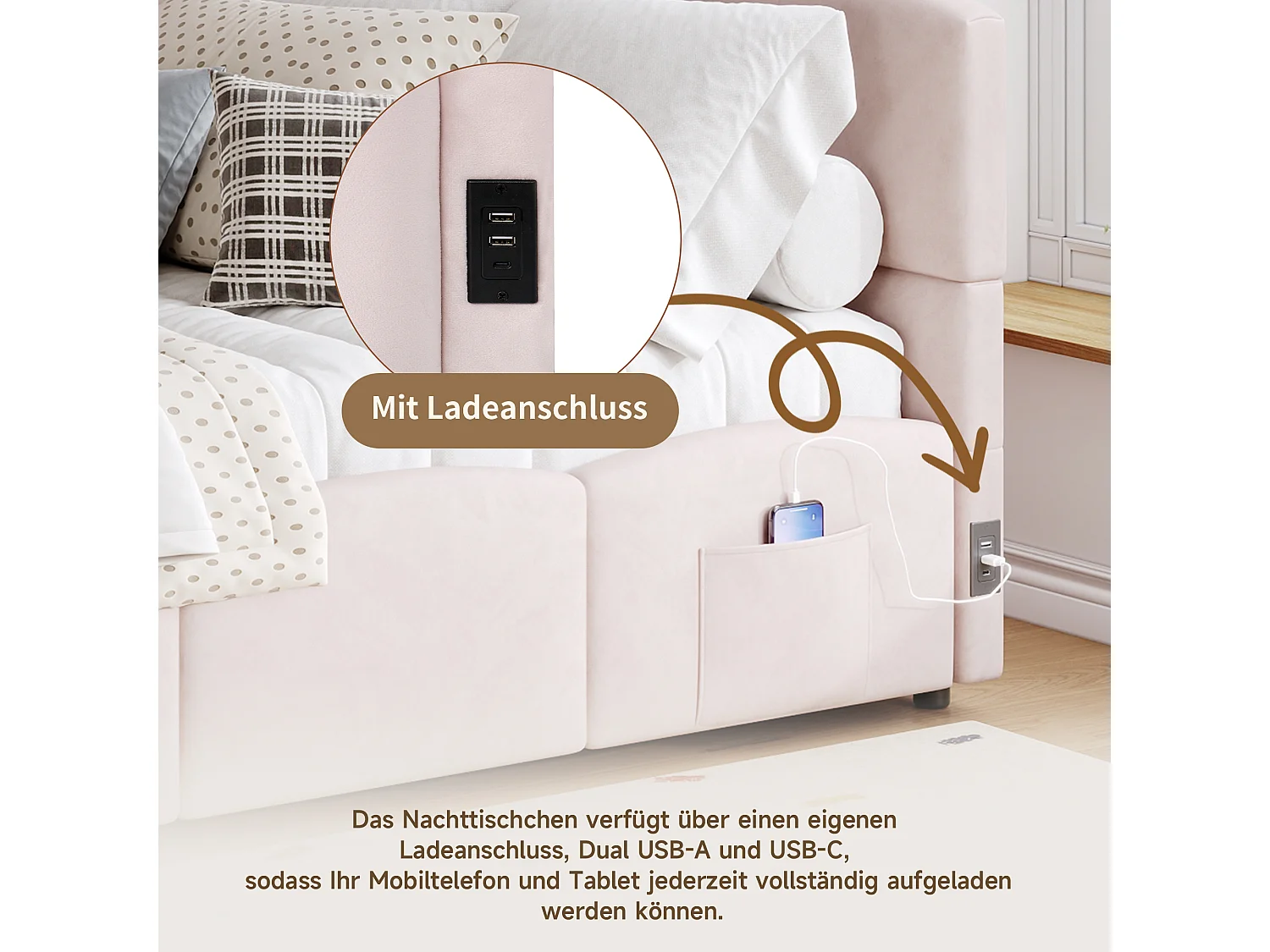 Canapé-lit rembourré enfant - 90 x 200 cm - avec rangement hydraulique + sommier à lattes - velours - rose