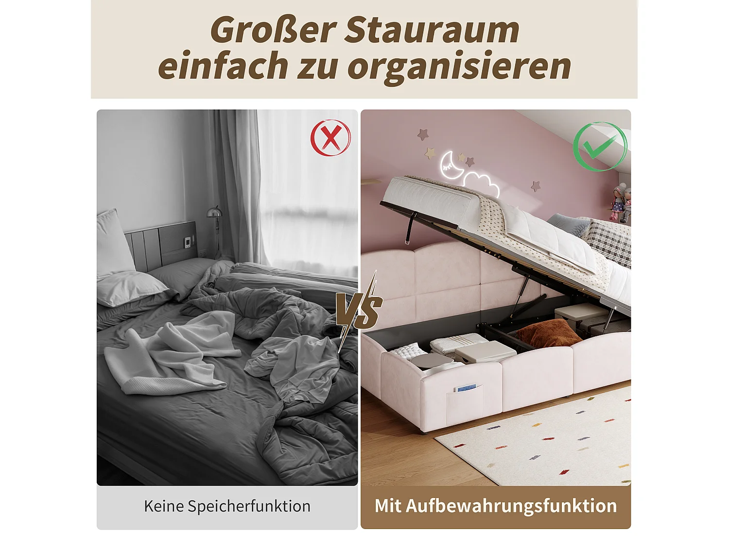 Canapé-lit rembourré enfant - 90 x 200 cm - avec rangement hydraulique + sommier à lattes - velours - rose