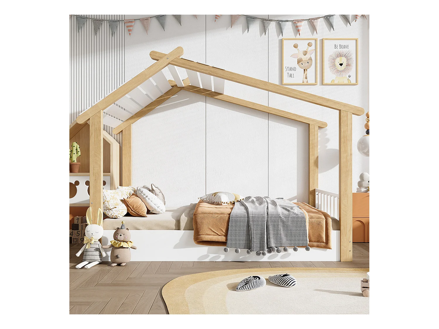 Lit enfant en bois - 90 x 200 cm - design de maison - sommiers à lattes - pin + aggloméré + MDF - blanc + naturel