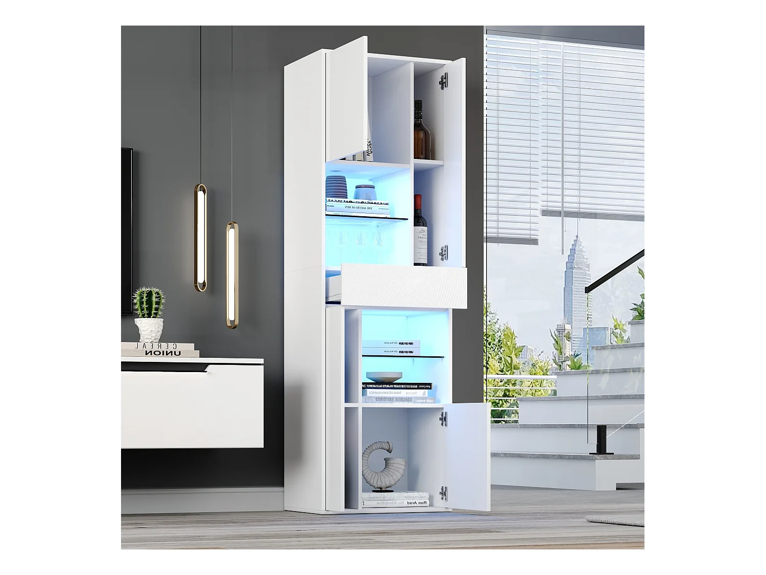 Vitrine en verre avec Leds + 1 tiroir et 4 rangement - 55 x 38 x 170 cm - aggloméré - blanc