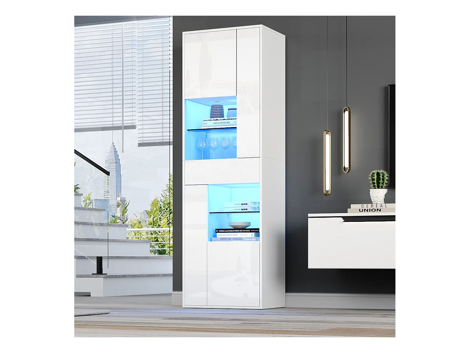 Vitrine en verre avec Leds + 1 tiroir et 4 rangement - 55 x 38 x 170 cm - aggloméré - blanc