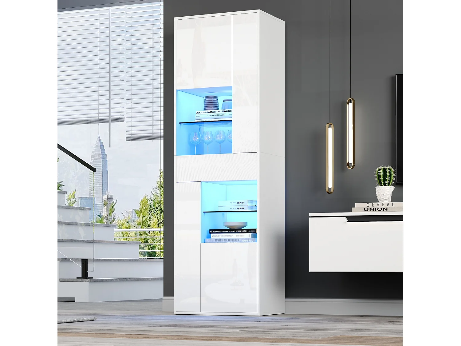 Vitrine en verre avec Leds + 1 tiroir et 4 rangement - 55 x 38 x 170 cm - aggloméré - blanc