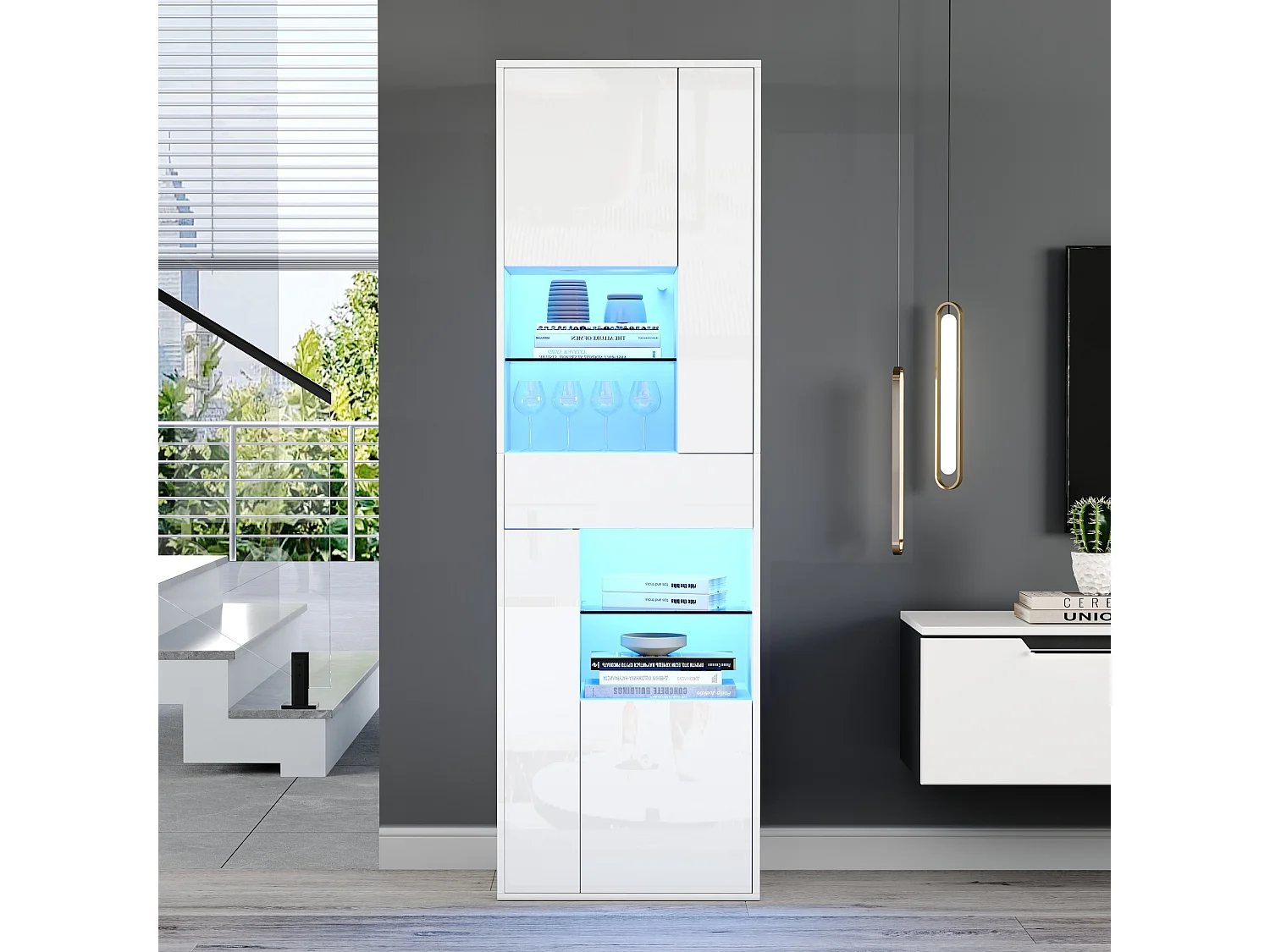 Vitrine en verre avec Leds + 1 tiroir et 4 rangement - 55 x 38 x 170 cm - aggloméré - blanc