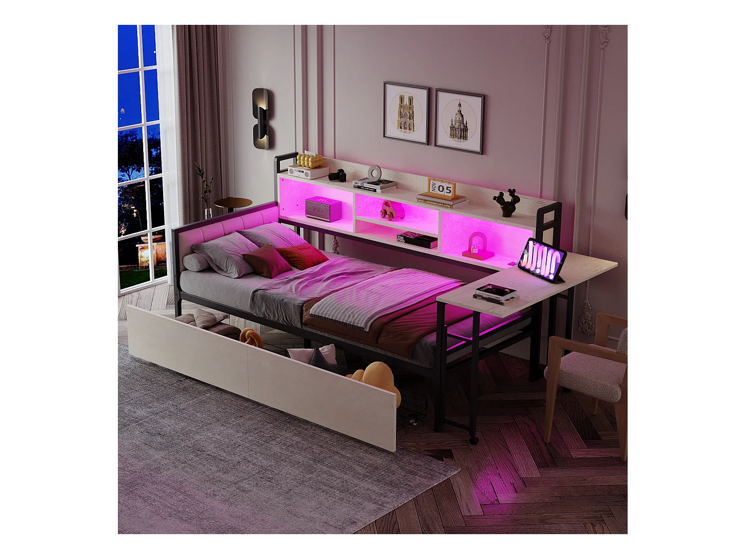 Canapé-lit en fer 90 x 200 cm - avec Leds + rangements + tiroirs + bureau rabattable + dossier - métal - blanc