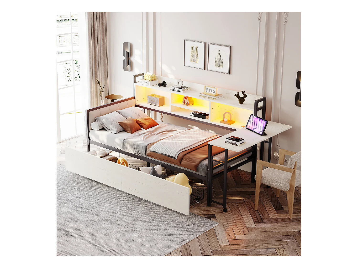 Canapé-lit en fer 90 x 200 cm - avec Leds + rangements + tiroirs + bureau rabattable + dossier - métal - blanc