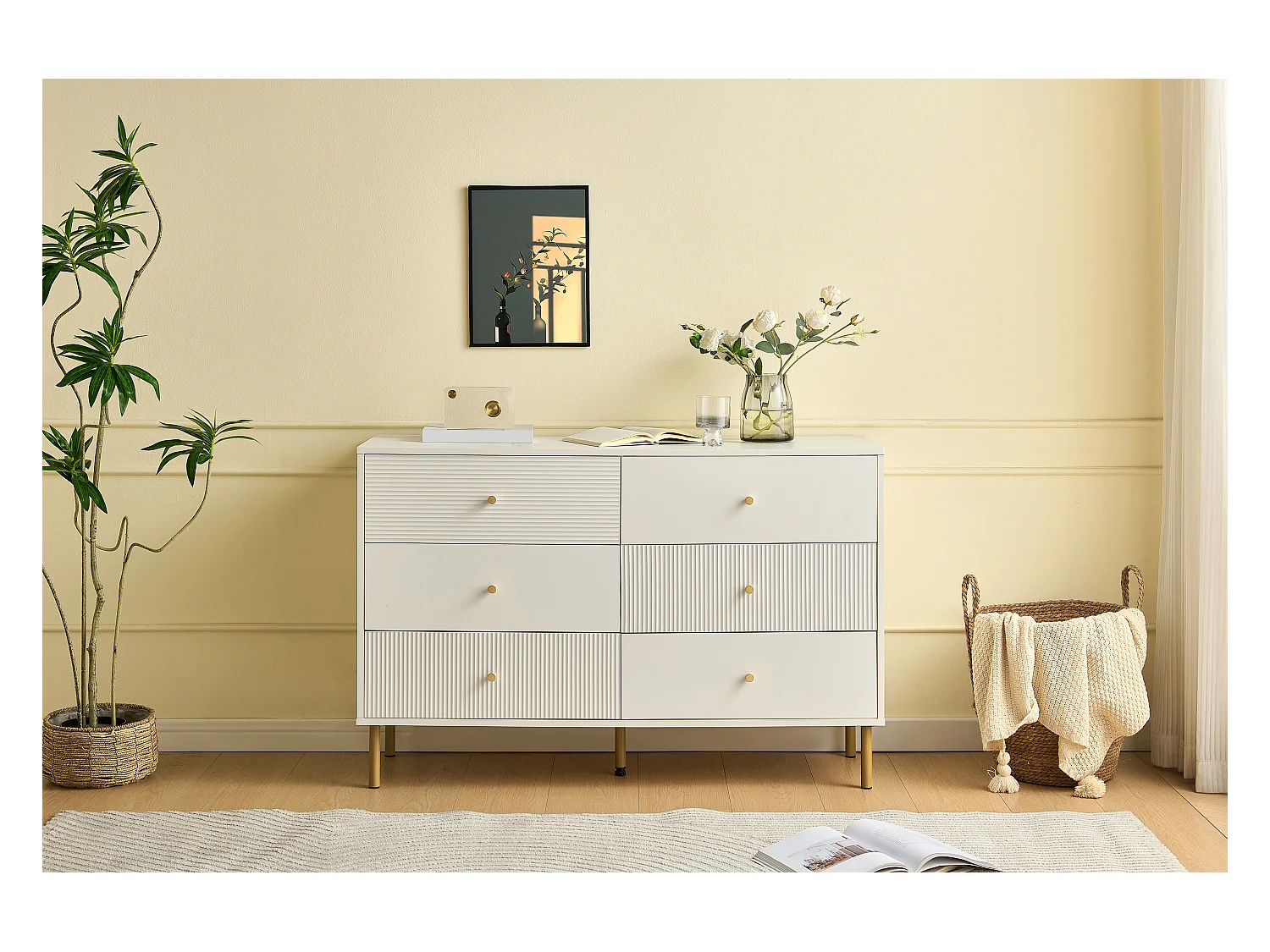Commode moderne à 6 tiroirs - 120 x 40 x 78 cm - coffre de rangement pour chambre - MDF - blanc
