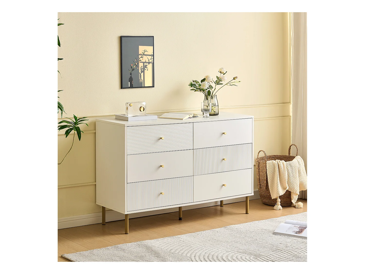 Commode moderne à 6 tiroirs - 120 x 40 x 78 cm - coffre de rangement pour chambre - MDF - blanc