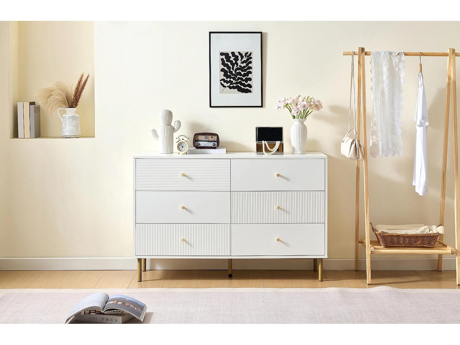 Commode moderne à 6 tiroirs - 120 x 40 x 78 cm - coffre de rangement pour chambre - MDF - blanc