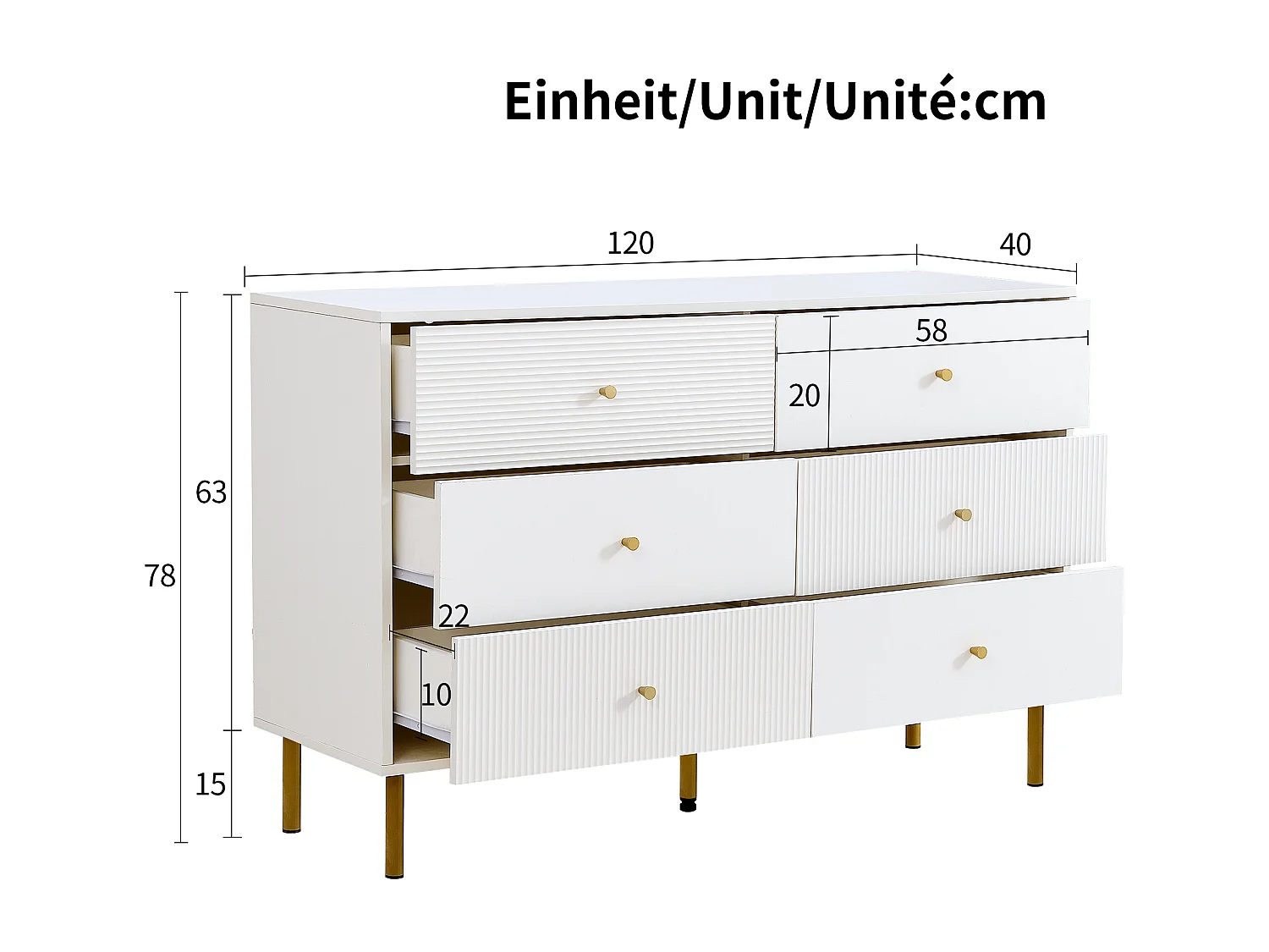 Commode moderne à 6 tiroirs - 120 x 40 x 78 cm - coffre de rangement pour chambre - MDF - blanc