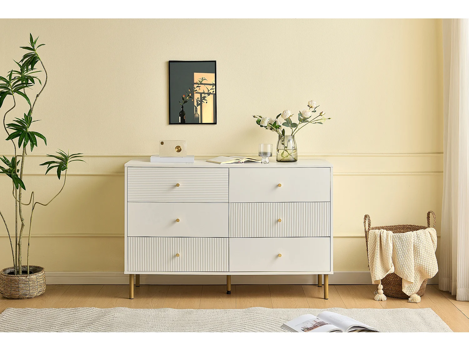 Commode moderne à 6 tiroirs - 120 x 40 x 78 cm - coffre de rangement pour chambre - MDF - blanc