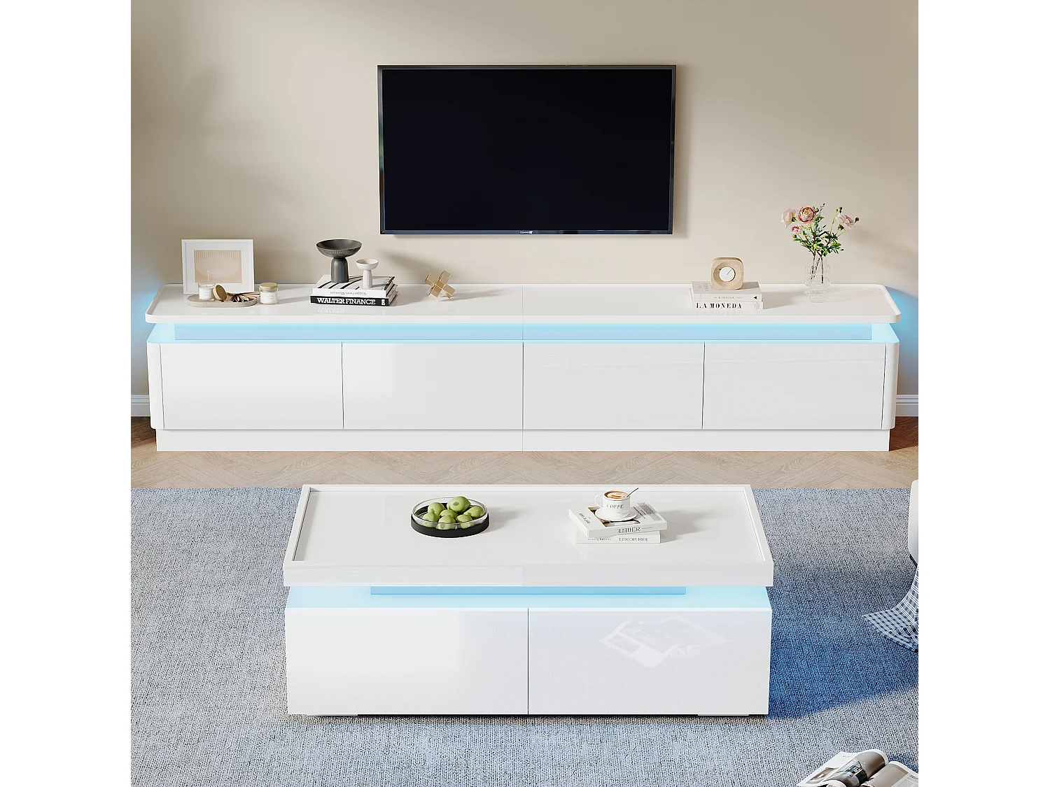Ensemble meuble salon - meuble TV + table basse - avec Leds + 4 tiroirs - aggloméré - blanc