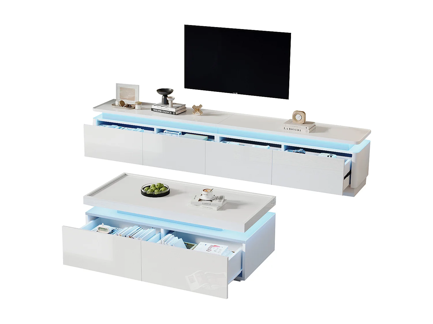 Ensemble meuble salon - meuble TV + table basse - avec Leds + 4 tiroirs - aggloméré - blanc