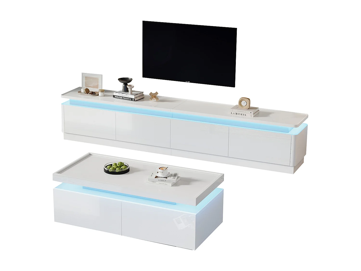 Ensemble meuble salon - meuble TV + table basse - avec Leds + 4 tiroirs - aggloméré - blanc
