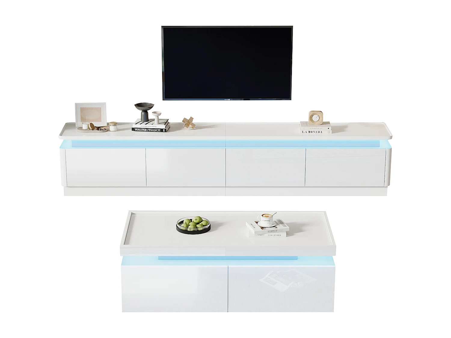 Ensemble meuble salon - meuble TV + table basse - avec Leds + 4 tiroirs - aggloméré - blanc