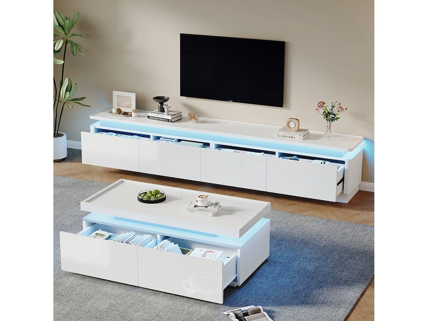Ensemble meuble salon - meuble TV + table basse - avec Leds + 4 tiroirs - aggloméré - blanc