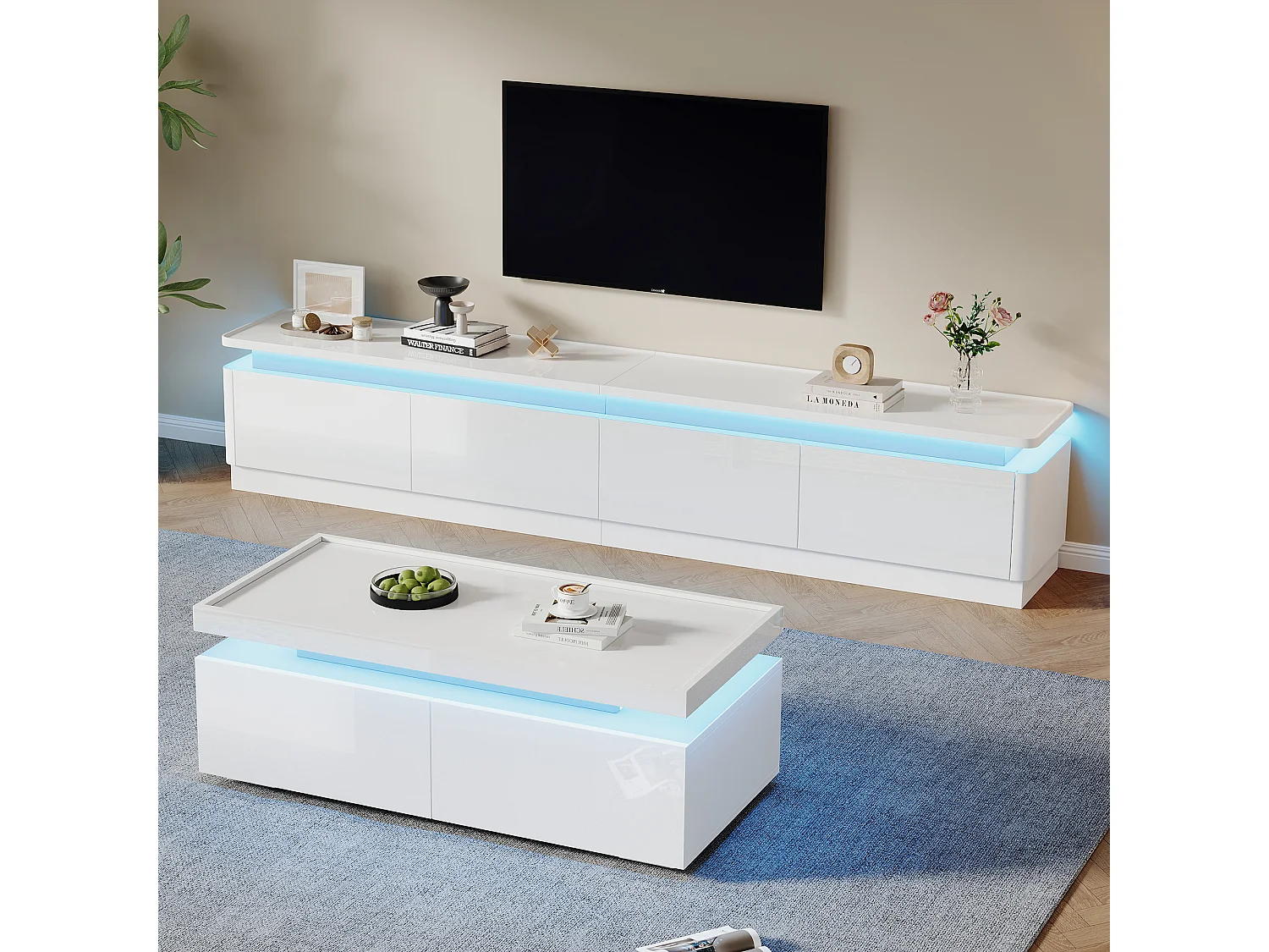 Ensemble meuble salon - meuble TV + table basse - avec Leds + 4 tiroirs - aggloméré - blanc
