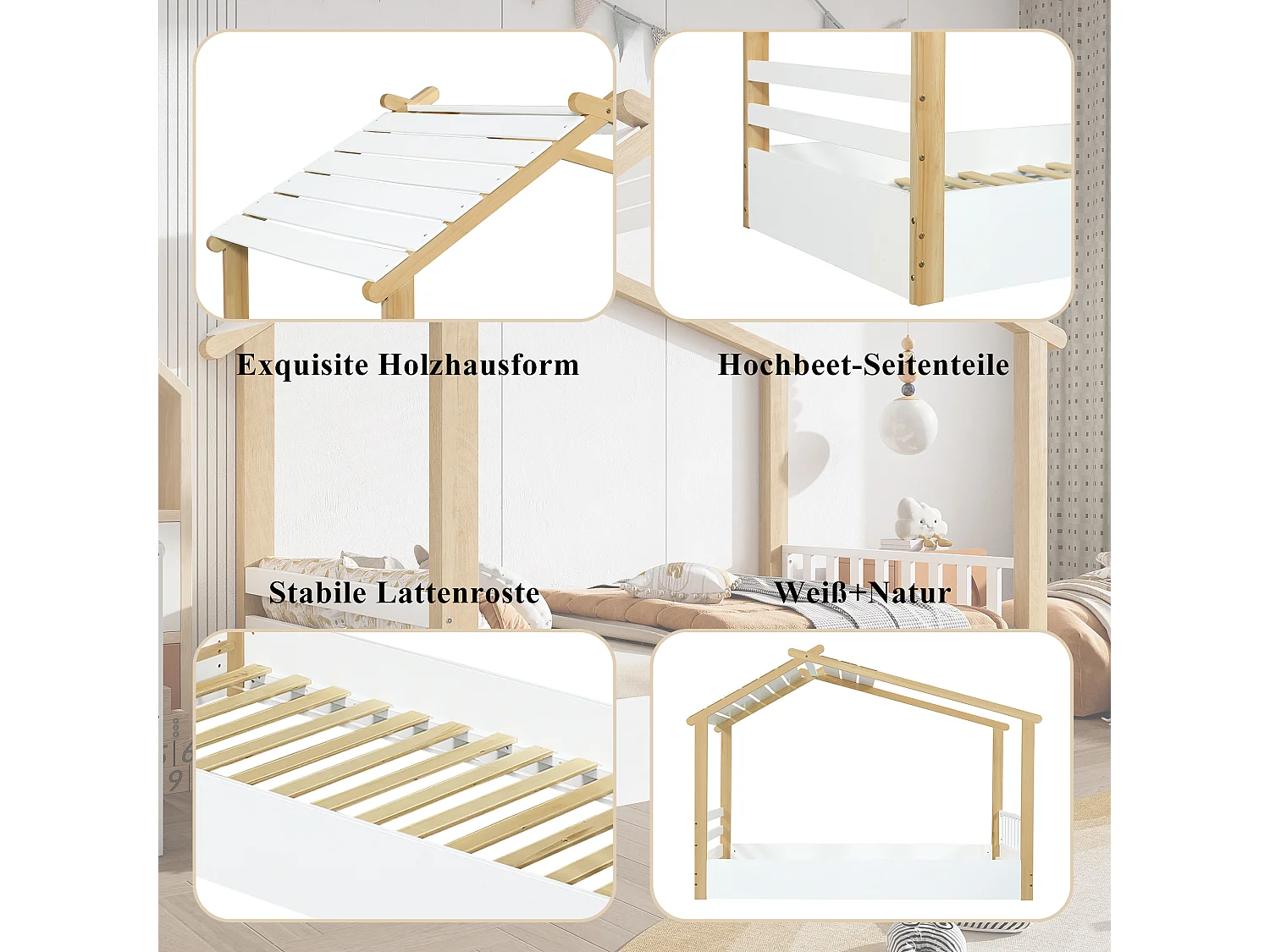 Lit enfant en bois - 90 x 190 cm - design de maison - sommiers à lattes - pin + aggloméré + MDF - blanc + naturel