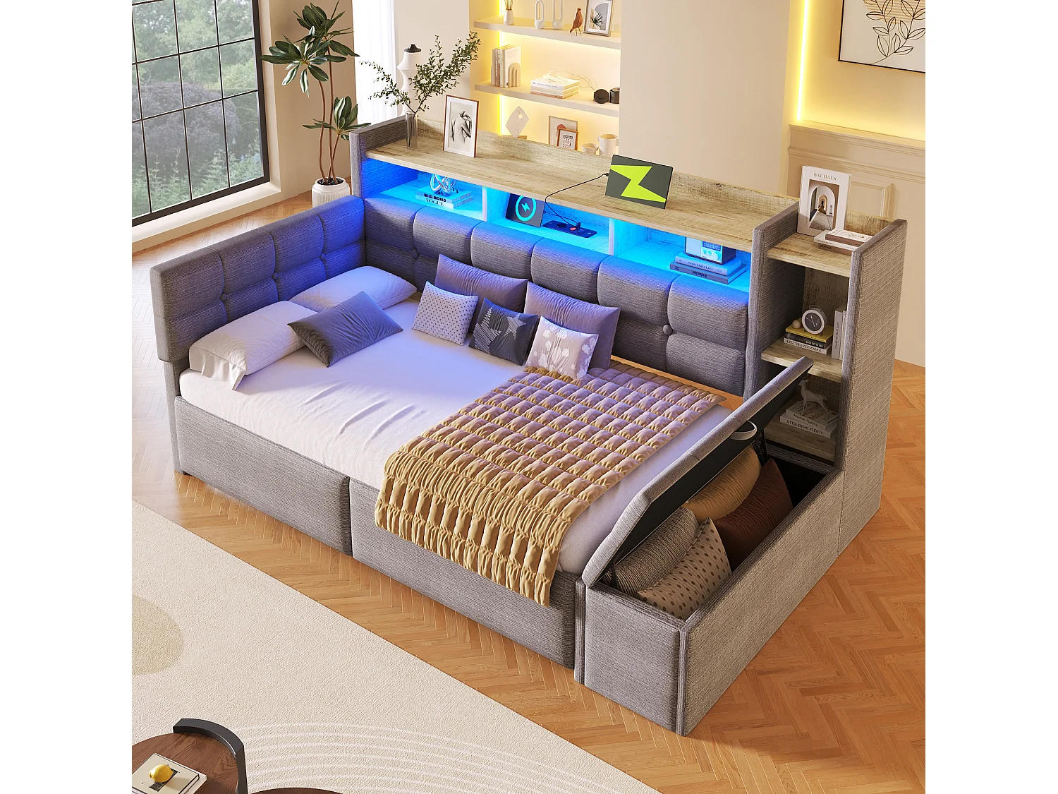 Sofa rozkładana 90x190 cm - z 2 szufladami - z portami USB + Type-C - z przegrodami przechowawczymi - z LED - szary