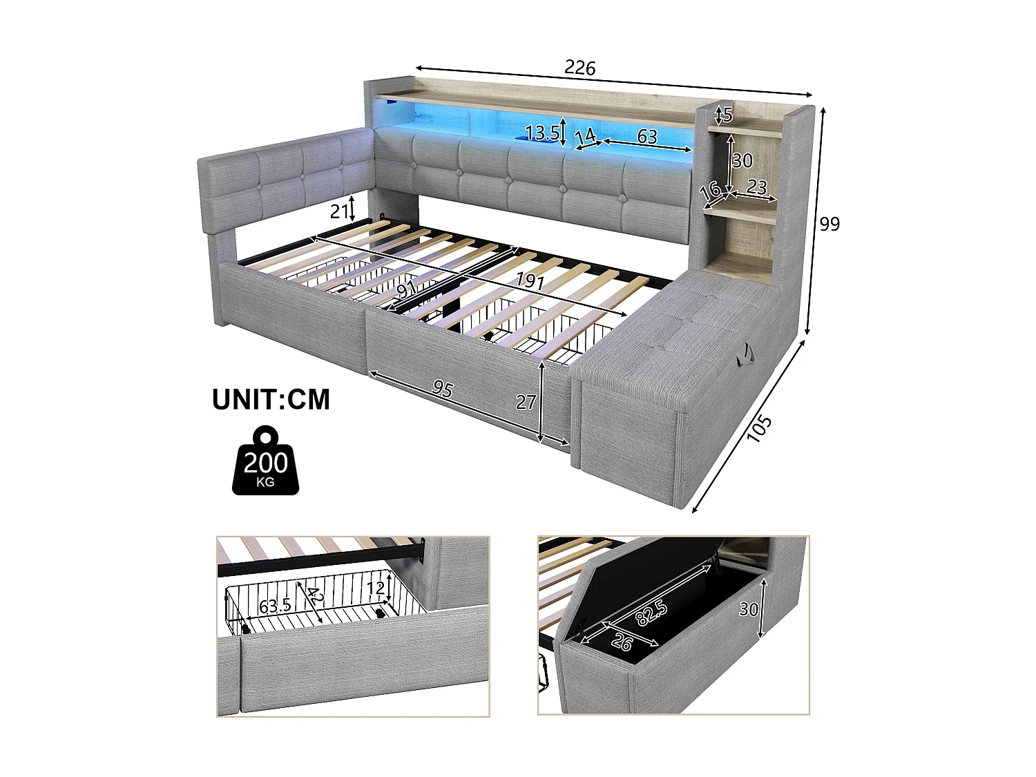 Sofa rozkładana 90x190 cm - z 2 szufladami - z portami USB + Type-C - z przegrodami przechowawczymi - z LED - szary