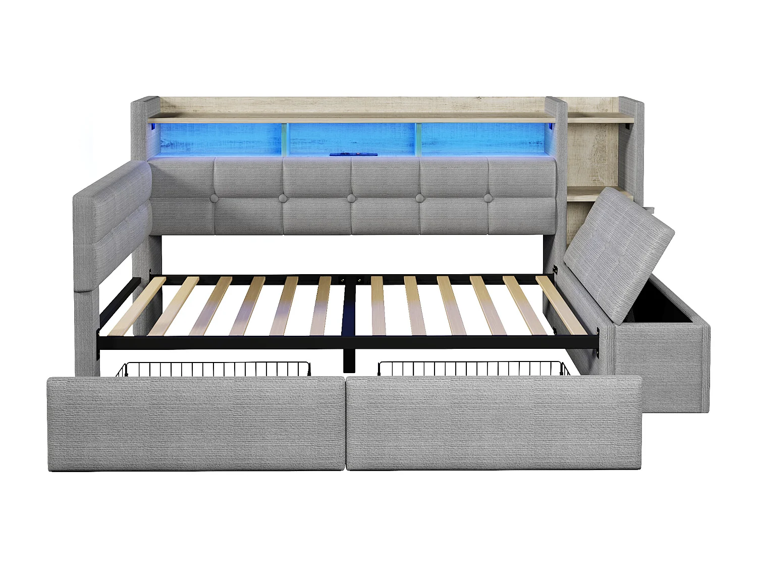 Sofa rozkładana 90x190 cm - z 2 szufladami - z portami USB + Type-C - z przegrodami przechowawczymi - z LED - szary