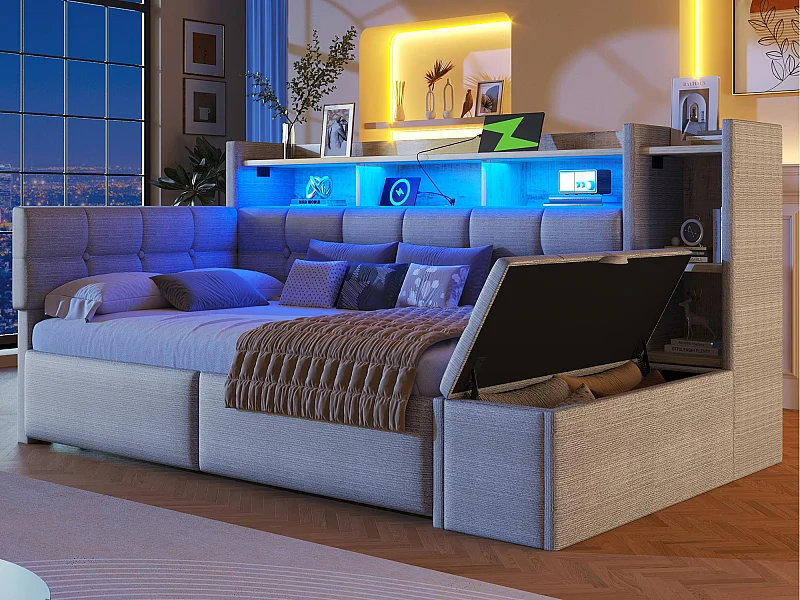 Sofa rozkładana 90x190 cm - z 2 szufladami - z portami USB + Type-C - z przegrodami przechowawczymi - z LED - szary
