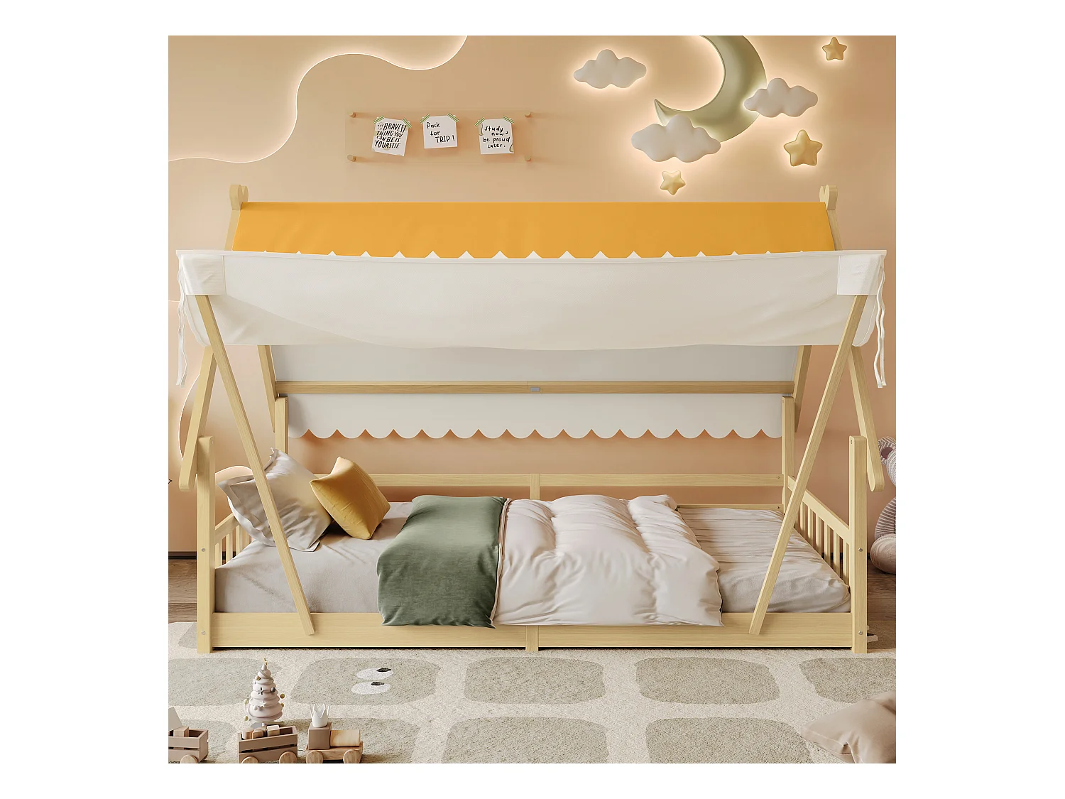 Lit enfant en bois - 90 x 200 cm - design de maison - avec tente amovible - pin + contreplaqué - naturel