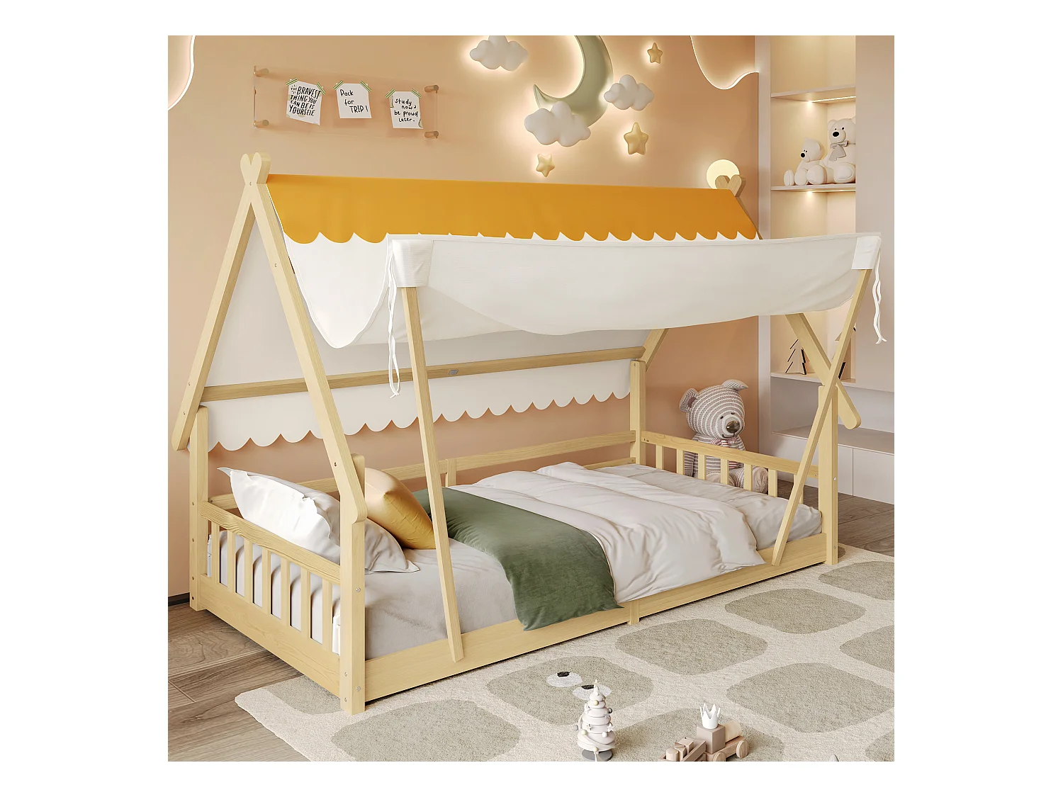Lit enfant en bois - 90 x 200 cm - design de maison - avec tente amovible - pin + contreplaqué - naturel