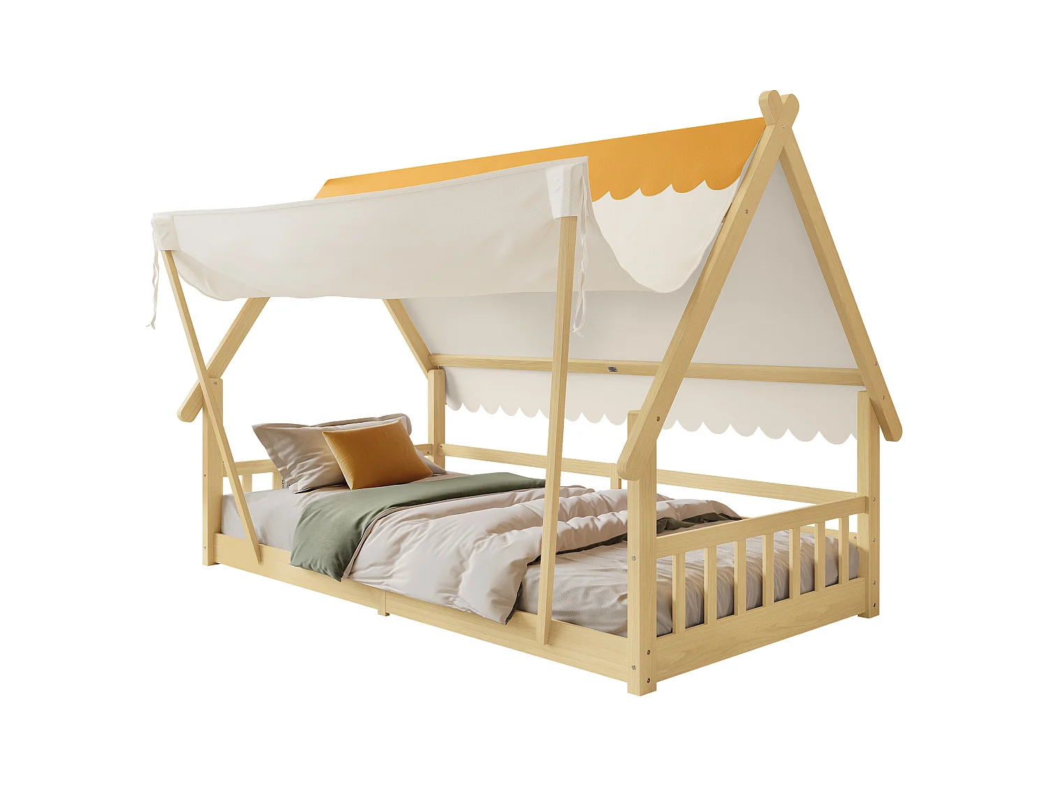 Lit enfant en bois - 90 x 200 cm - design de maison - avec tente amovible - pin + contreplaqué - naturel