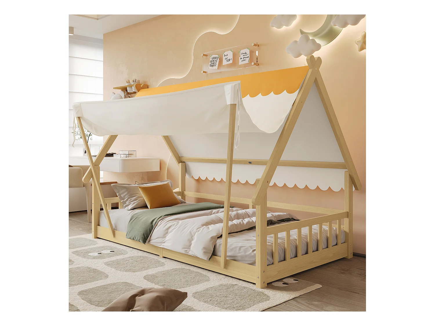 Lit enfant en bois - 90 x 200 cm - design de maison - avec tente amovible - pin + contreplaqué - naturel