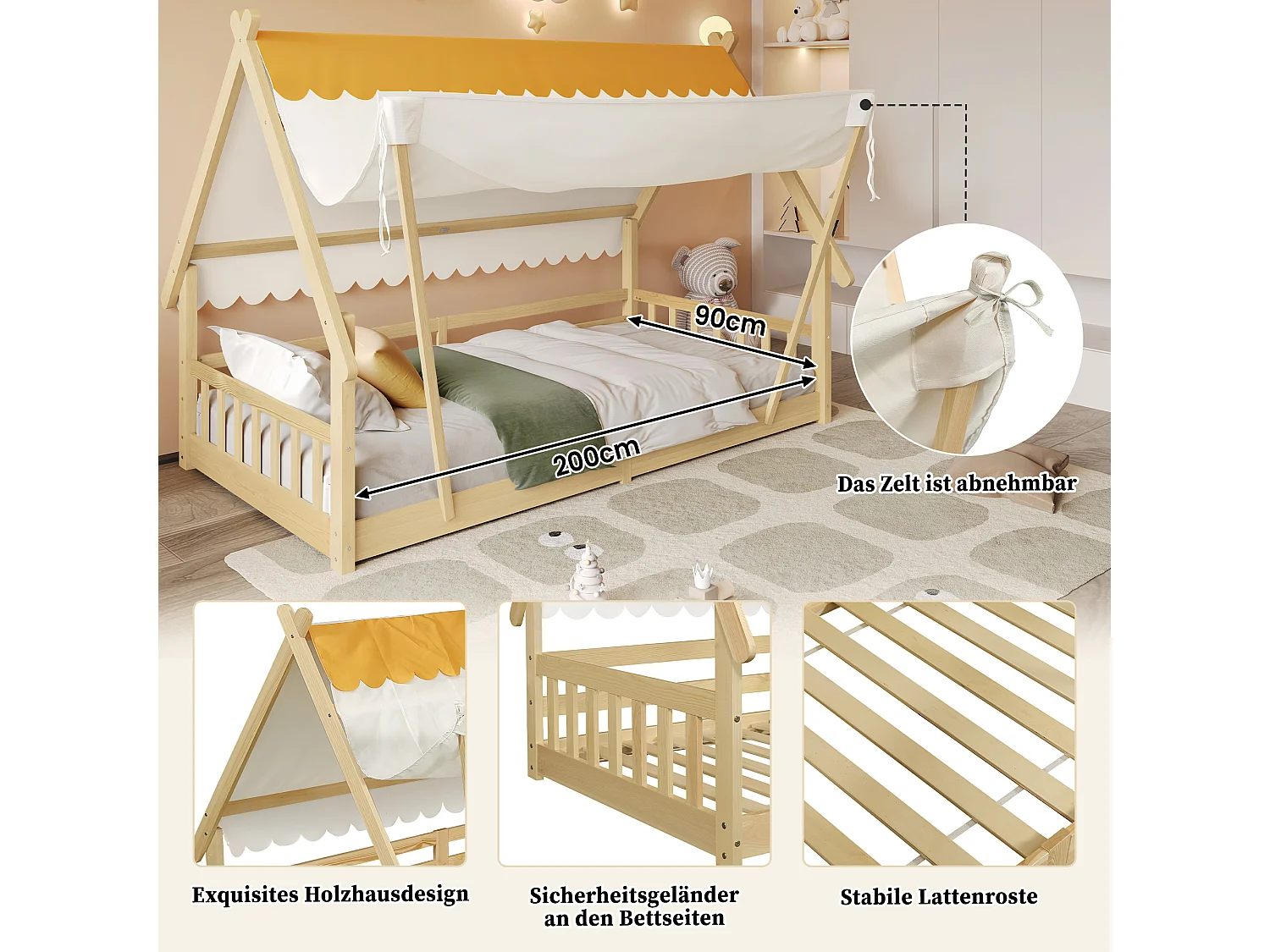 Lit enfant en bois - 90 x 200 cm - design de maison - avec tente amovible - pin + contreplaqué - naturel