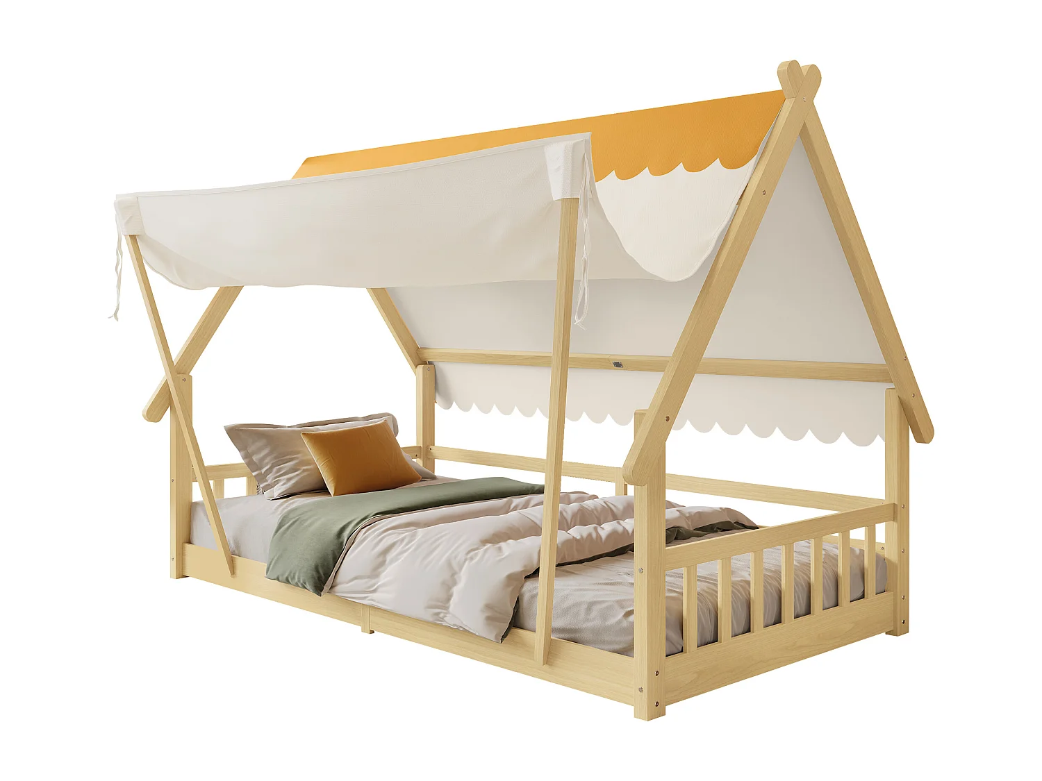 Lit enfant en bois - 90 x 200 cm - design de maison - avec tente amovible - pin + contreplaqué - naturel