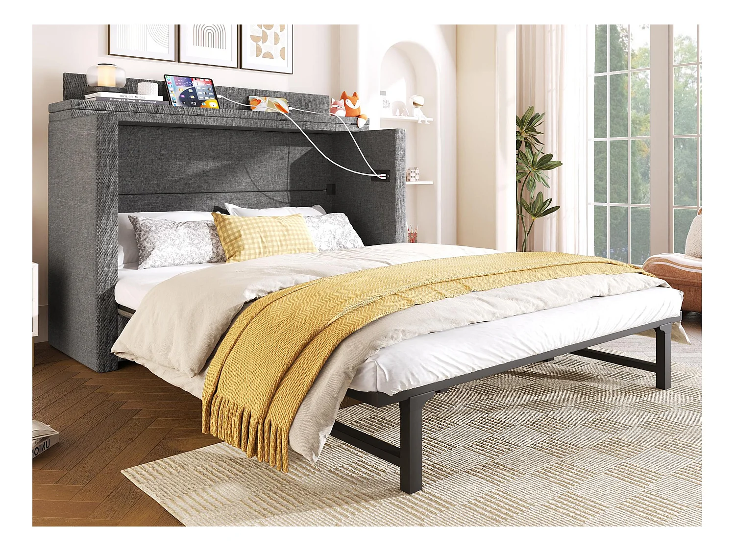 Lit escamotable 140x200 cm - 1 tiroir - Compartiment de rangement - Ports USB et Type-C - Gris (matelas non inclus)