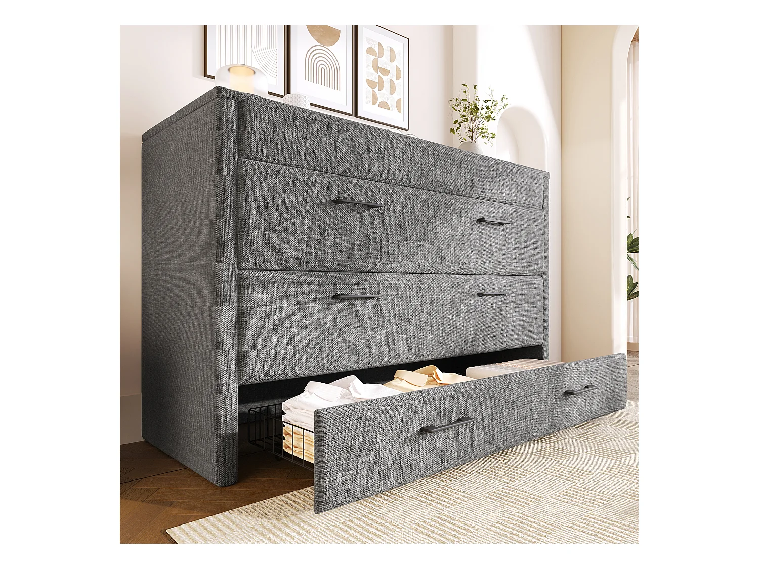 Lit escamotable 140x200 cm - 1 tiroir - Compartiment de rangement - Ports USB et Type-C - Gris (matelas non inclus)