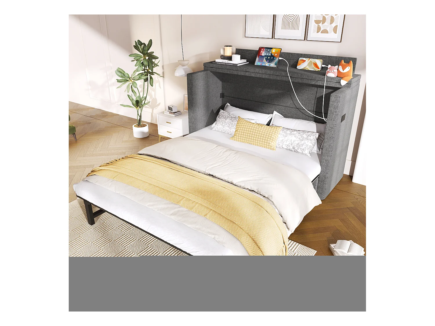 Lit escamotable 140x200 cm - 1 tiroir - Compartiment de rangement - Ports USB et Type-C - Gris (matelas non inclus)