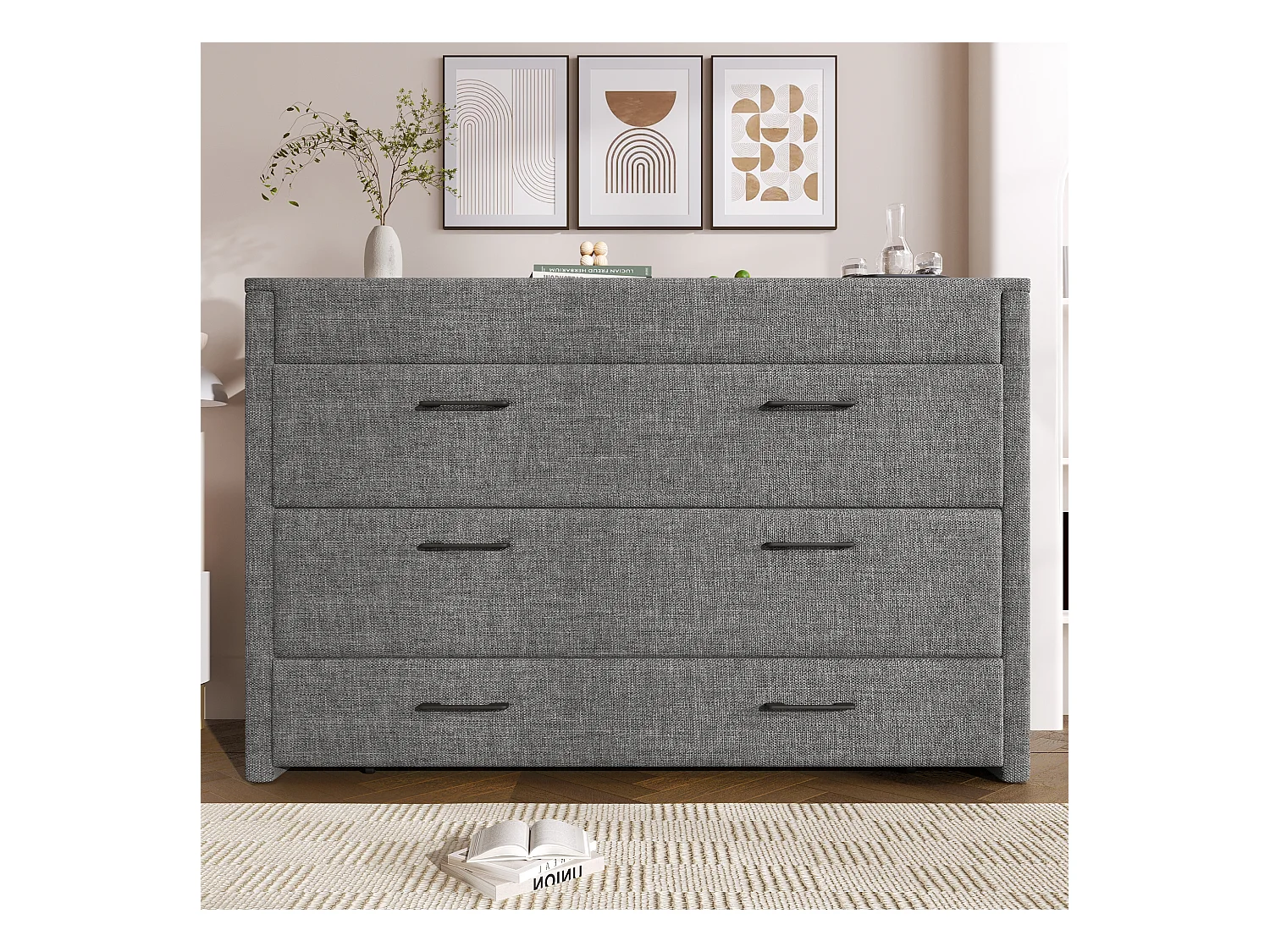 Lit escamotable 140x200 cm - 1 tiroir - Compartiment de rangement - Ports USB et Type-C - Gris (matelas non inclus)