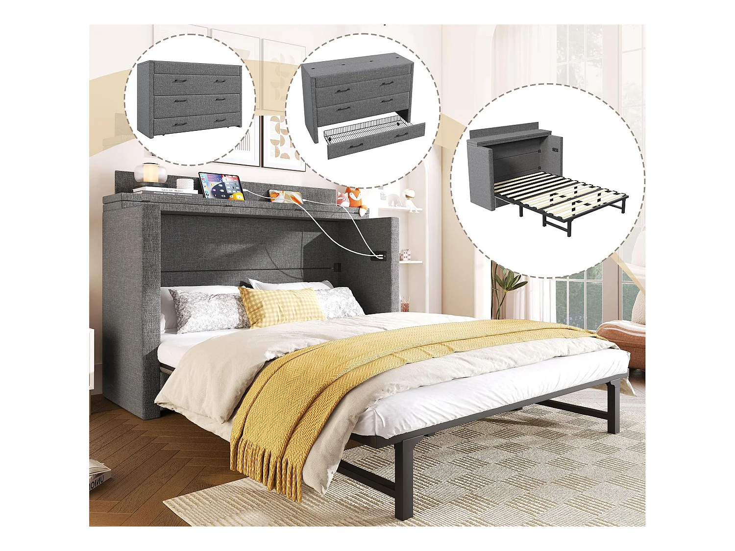 Lit escamotable 140x200 cm - 1 tiroir - Compartiment de rangement - Ports USB et Type-C - Gris (matelas non inclus)