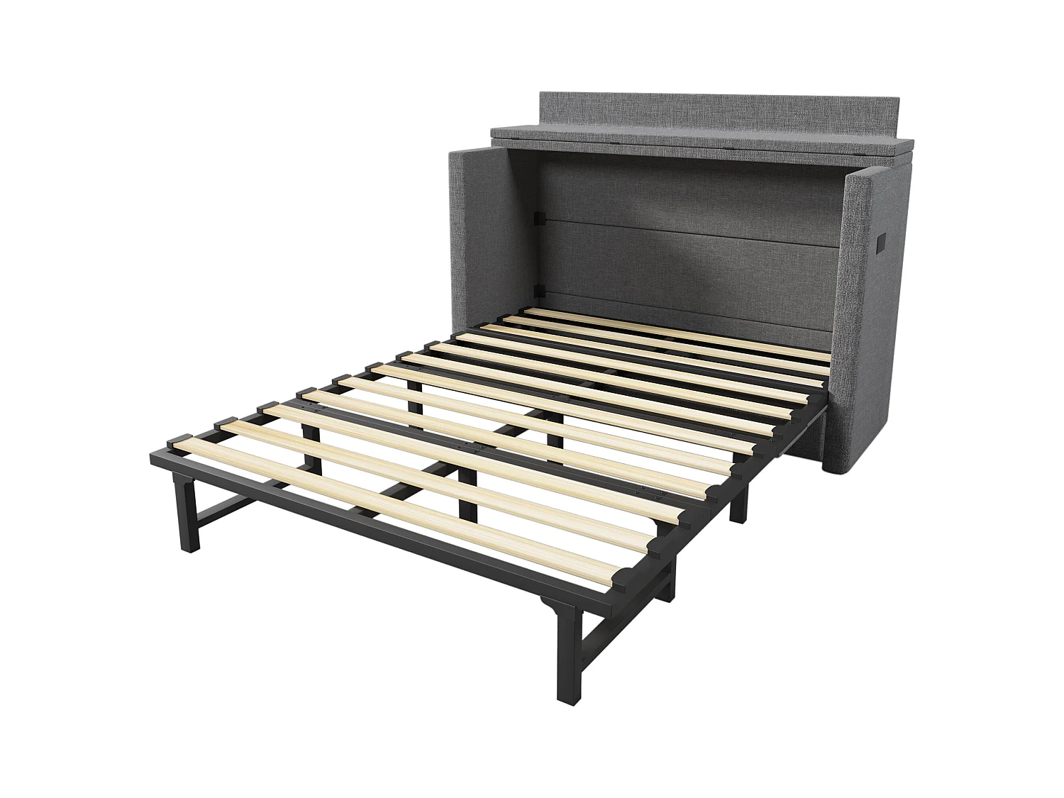 Lit escamotable 140x200 cm - 1 tiroir - Compartiment de rangement - Ports USB et Type-C - Gris (matelas non inclus)