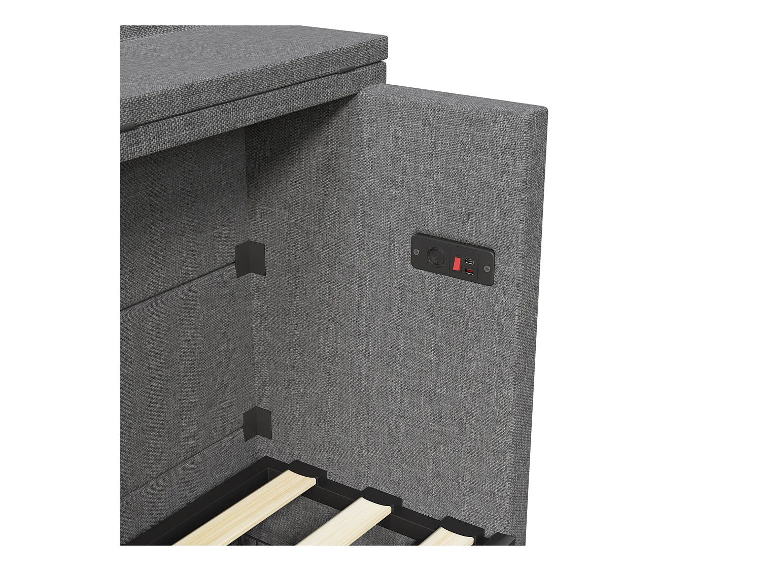 Lit escamotable 140x200 cm - 1 tiroir - Compartiment de rangement - Ports USB et Type-C - Gris (matelas non inclus)
