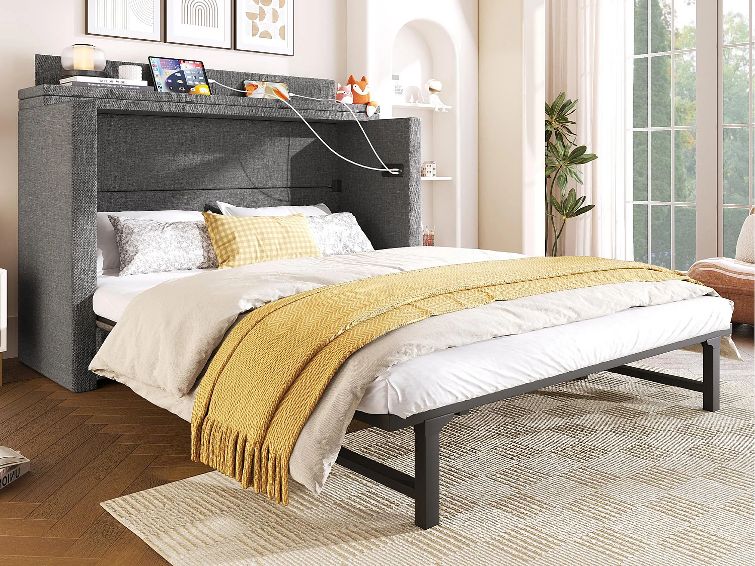 Lit escamotable 140x200 cm - 1 tiroir - Compartiment de rangement - Ports USB et Type-C - Gris (matelas non inclus)