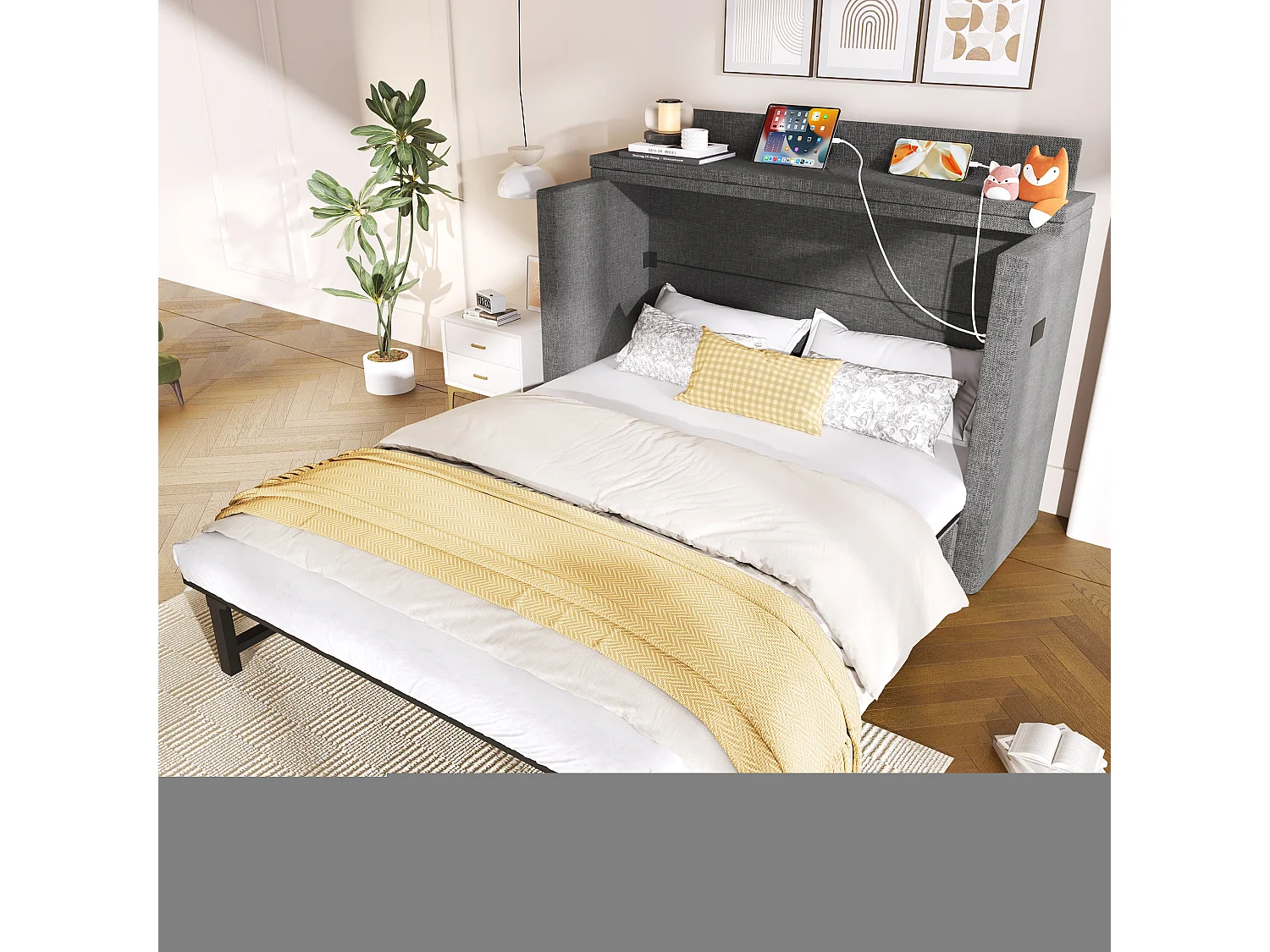 Lit escamotable 140x200 cm - 1 tiroir - Compartiment de rangement - Ports USB et Type-C - Gris (matelas non inclus)