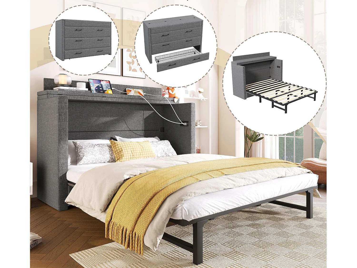 Lit escamotable 140x200 cm - 1 tiroir - Compartiment de rangement - Ports USB et Type-C - Gris (matelas non inclus)