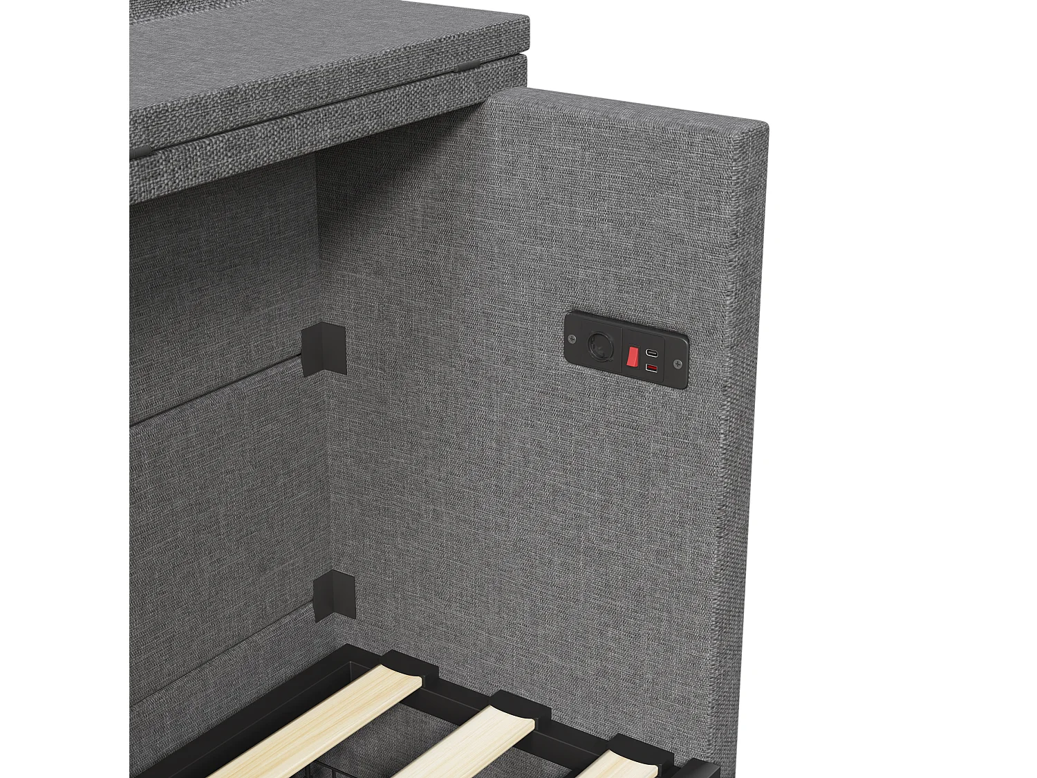 Lit escamotable 140x200 cm - 1 tiroir - Compartiment de rangement - Ports USB et Type-C - Gris (matelas non inclus)