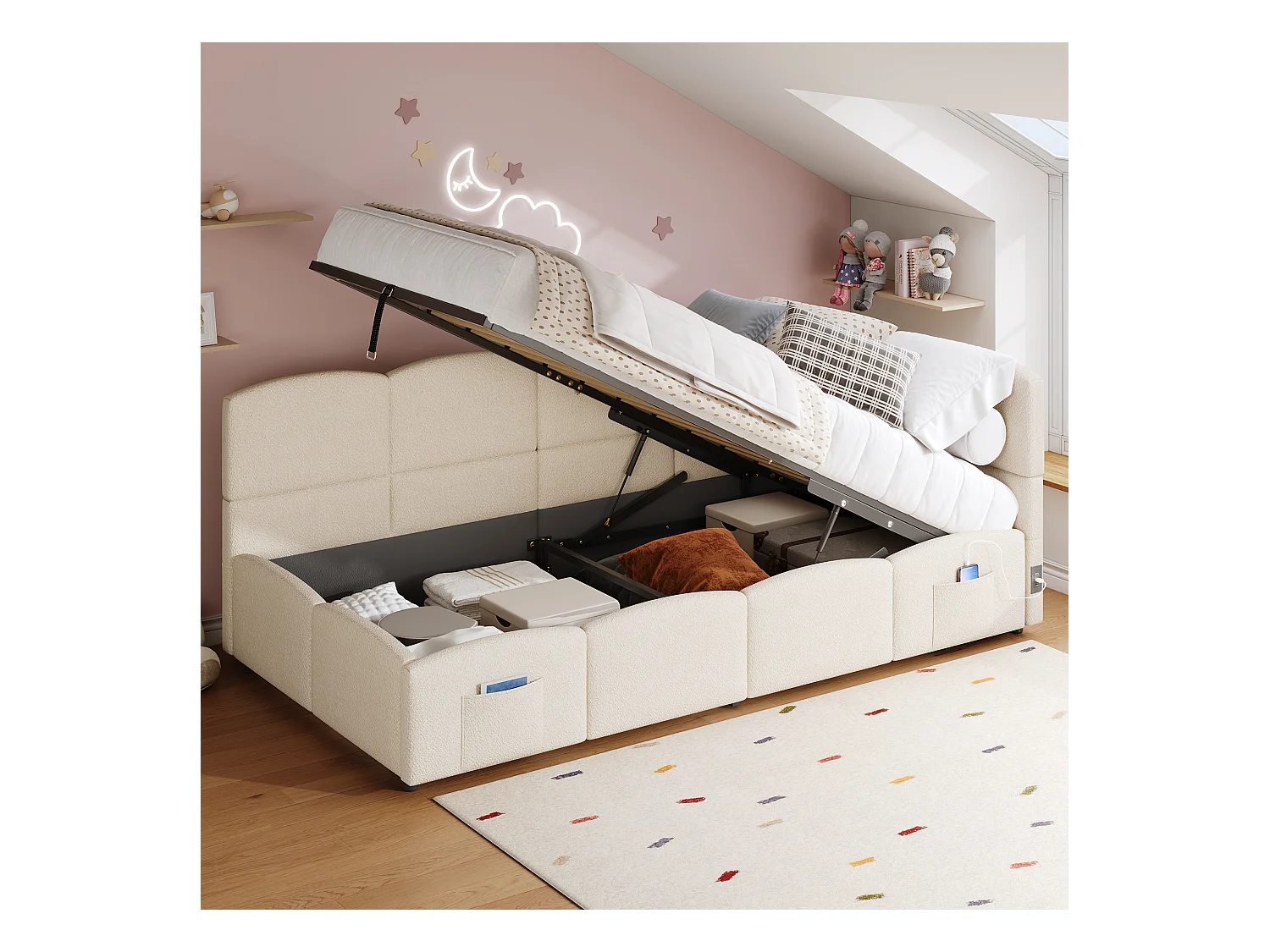 Canapé-lit rembourré enfant - 90 x 200 cm - avec rangement hydraulique + sommier à lattes - boucle - beige