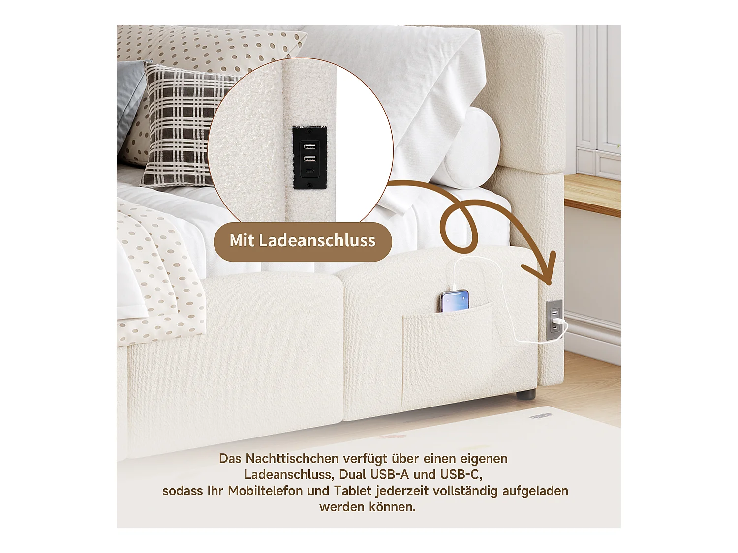 Canapé-lit rembourré enfant - 90 x 200 cm - avec rangement hydraulique + sommier à lattes - boucle - beige