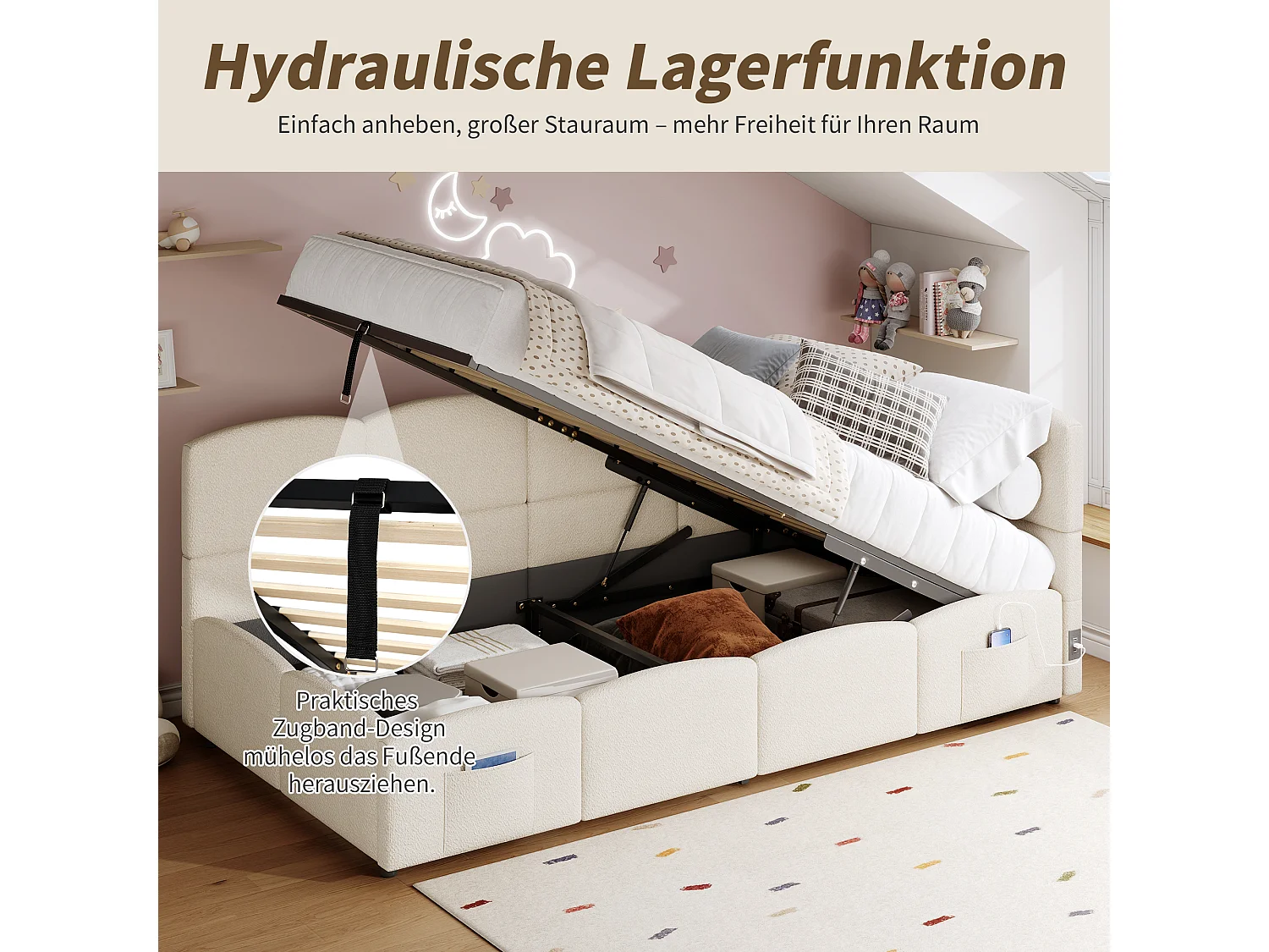 Canapé-lit rembourré enfant - 90 x 200 cm - avec rangement hydraulique + sommier à lattes - boucle - beige