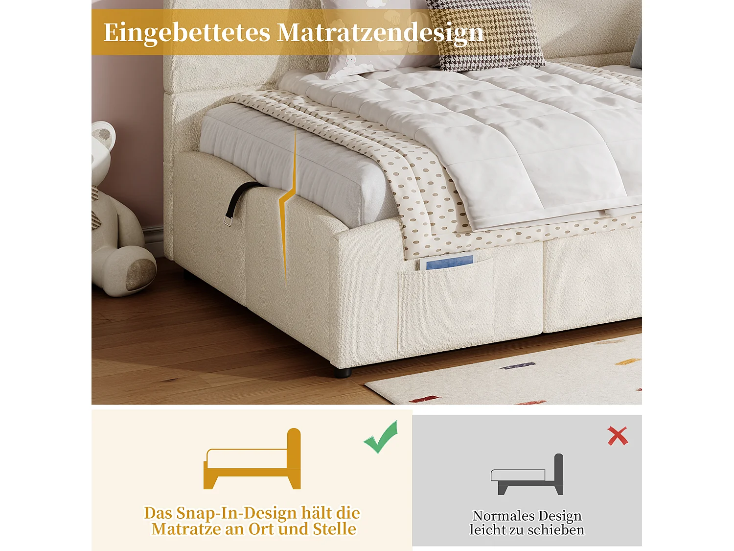 Canapé-lit rembourré enfant - 90 x 200 cm - avec rangement hydraulique + sommier à lattes - boucle - beige