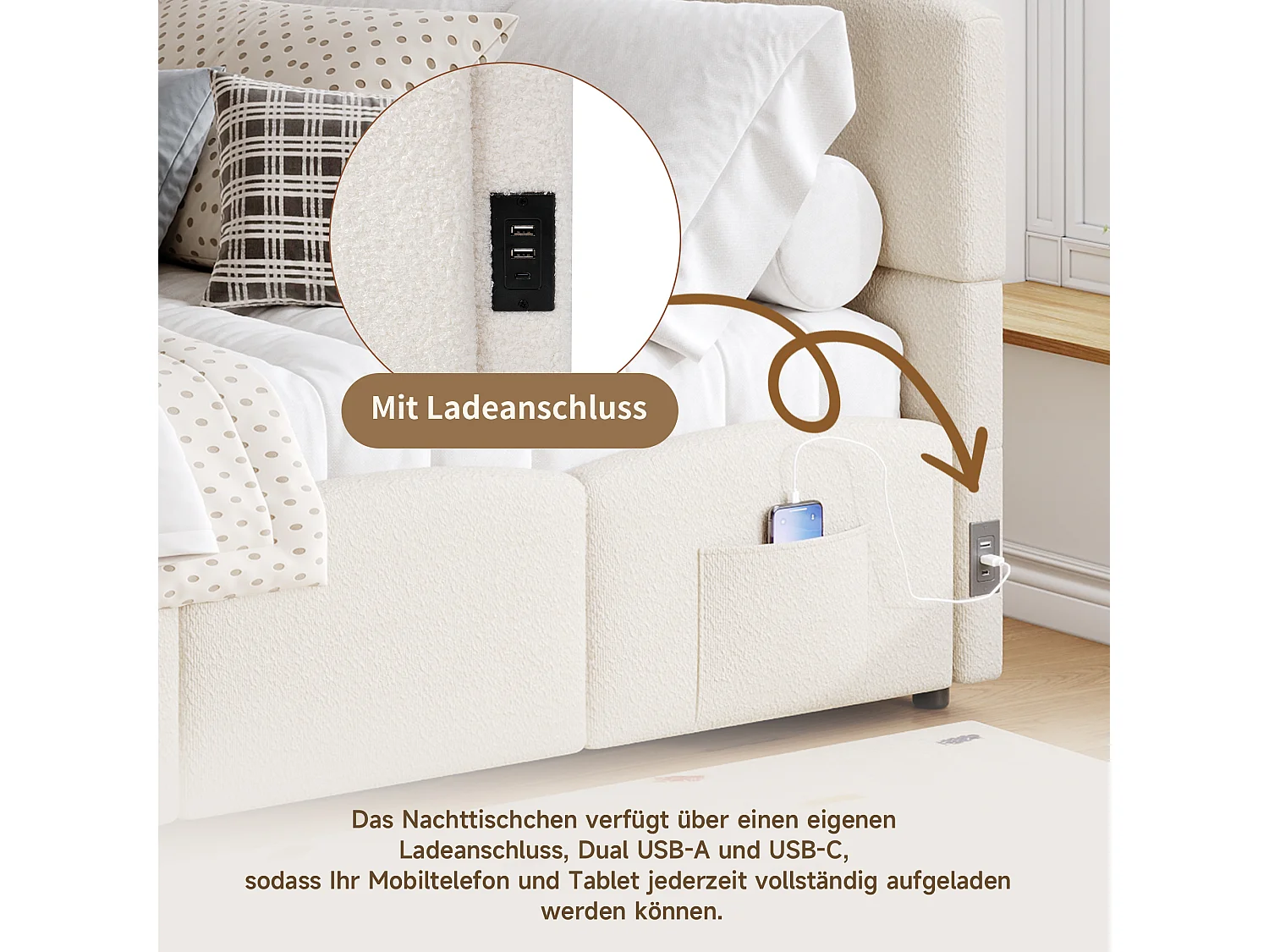 Canapé-lit rembourré enfant - 90 x 200 cm - avec rangement hydraulique + sommier à lattes - boucle - beige