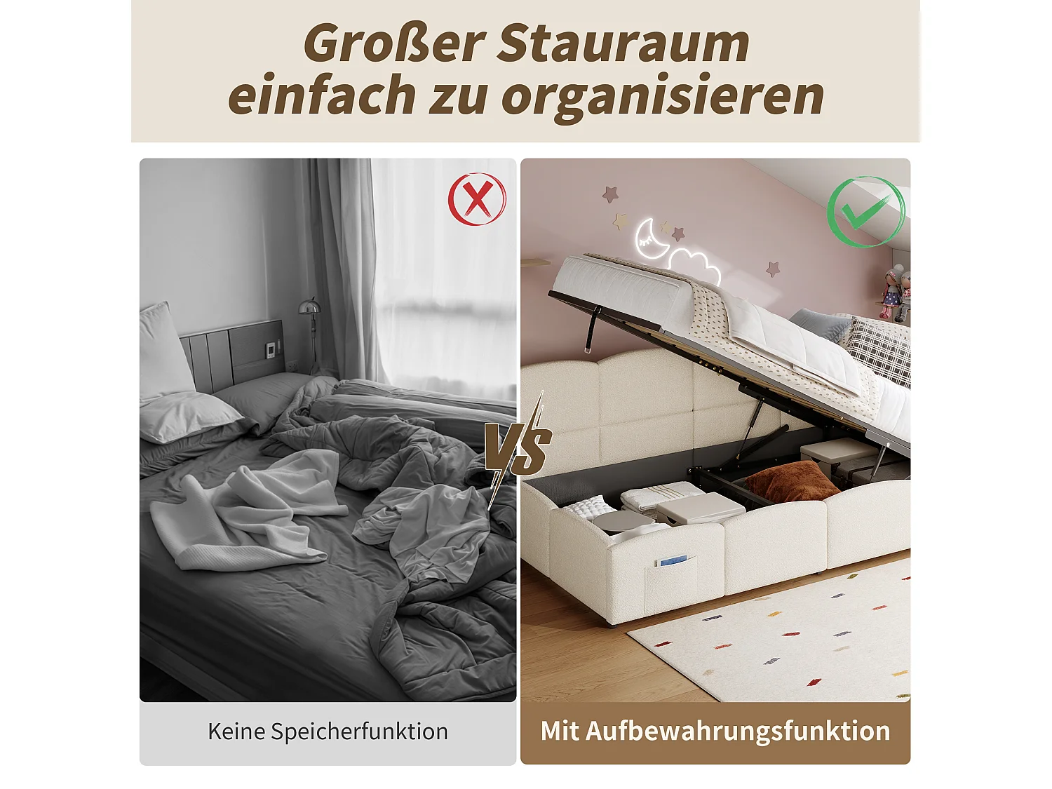 Canapé-lit rembourré enfant - 90 x 200 cm - avec rangement hydraulique + sommier à lattes - boucle - beige