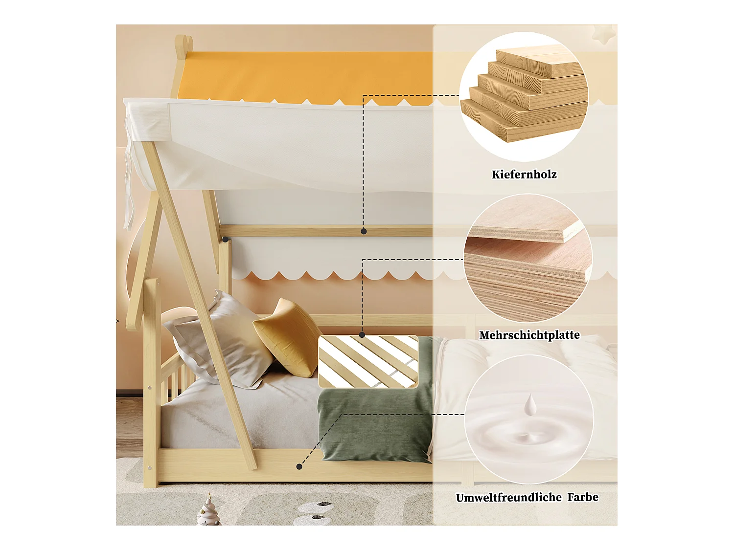 Lit enfant en bois - 90 x 190 cm - design de maison - avec tente amovible - pin + contreplaqué - naturel