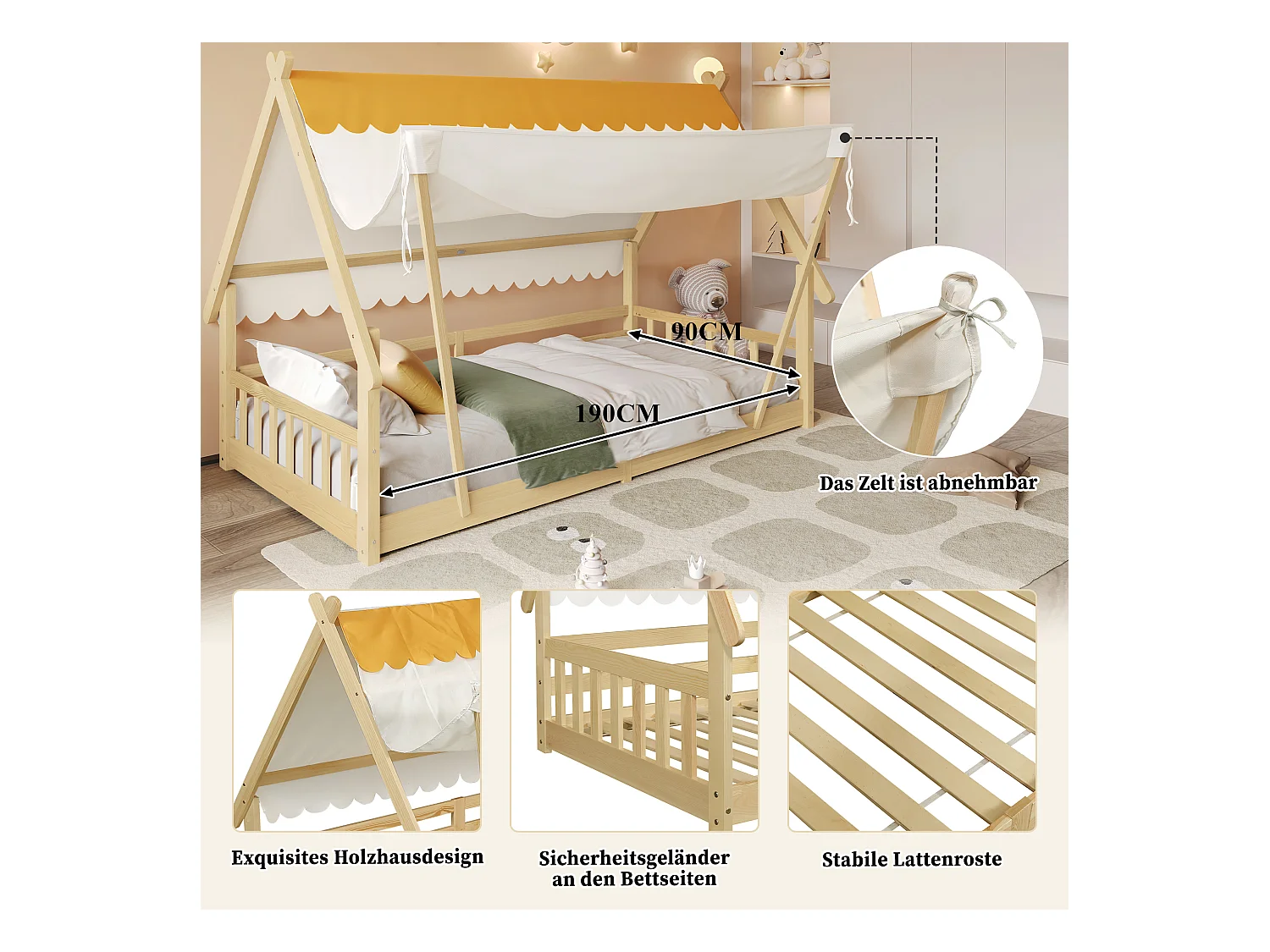 Lit enfant en bois - 90 x 190 cm - design de maison - avec tente amovible - pin + contreplaqué - naturel